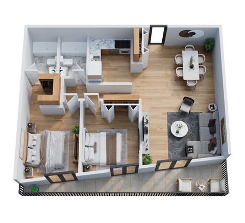 A top-down view of a modern apartment with a kitchen, living room, and dining area.